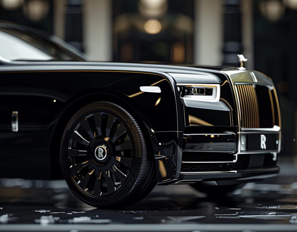 close-up-black-car-parked-front-building-generative-ai-min